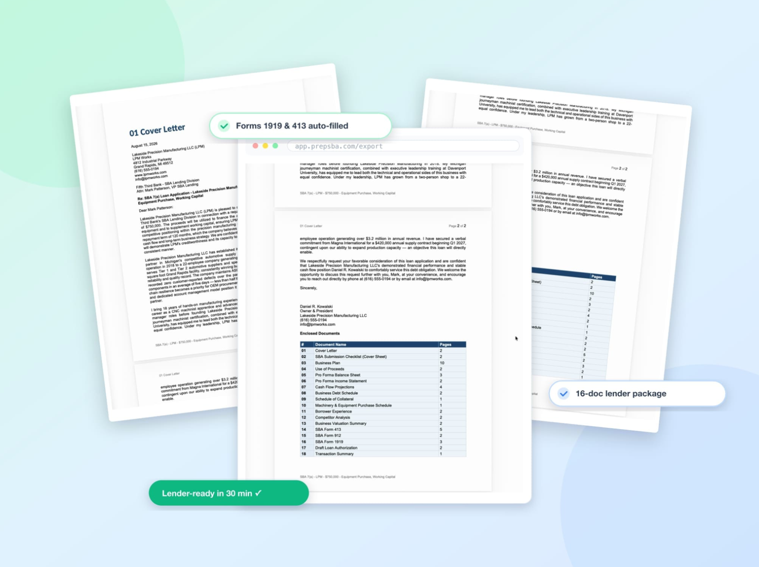 Sample SBA documents PrepSBA generates — cover sheet, bank statement, Form 413